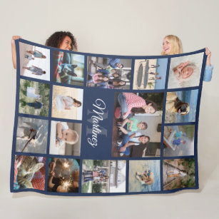 Couverture Polaire Family Photo Collage Navy Blue Modern Monogrammed