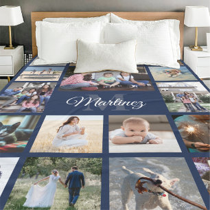 Couverture Polaire Family Photo Collage Navy Blue Modern Monogrammed