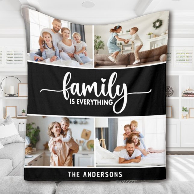 Couverture Polaire Family Script Typography Photo Collage (an elegant family photo keepsake blanket. Personalize it with your photos and name.)