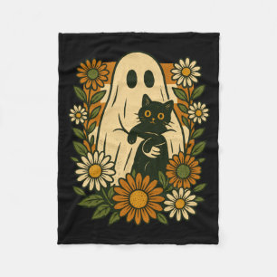 Couverture Polaire Fantôme mignon tenant un chat noir floral groovy d