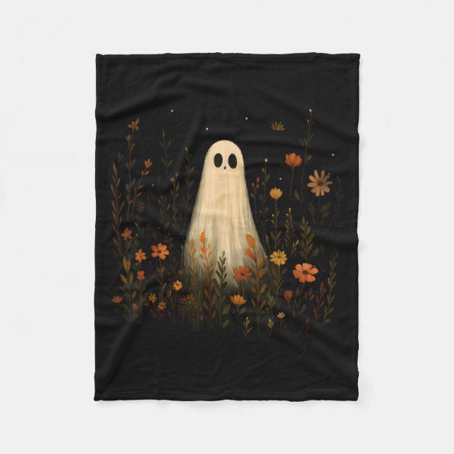 Couverture Polaire Fantôme sur un pré fleuri Halloween automne design (Devant)