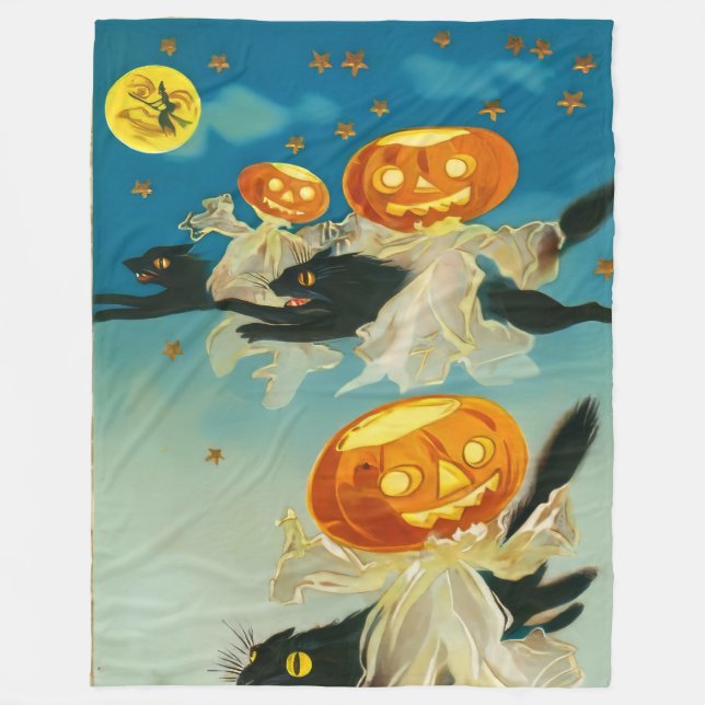 Couverture Polaire Fantômes Citrouilles vintages d'Halloween et chats (Devant)