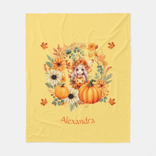 Couverture Polaire Fée Citrouille mignonne dans la couronne d'automne (Devant)