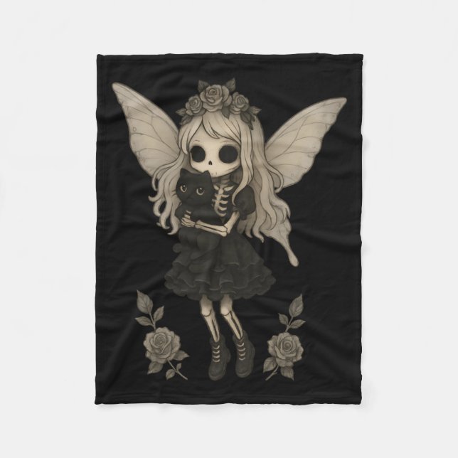 Couverture Polaire Fée squelette gothique kawaii avec chat noir (Devant)