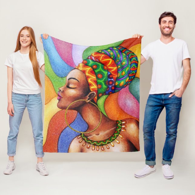 Couverture Polaire Femme africaine avec cire tissu traditionnel (En situation)