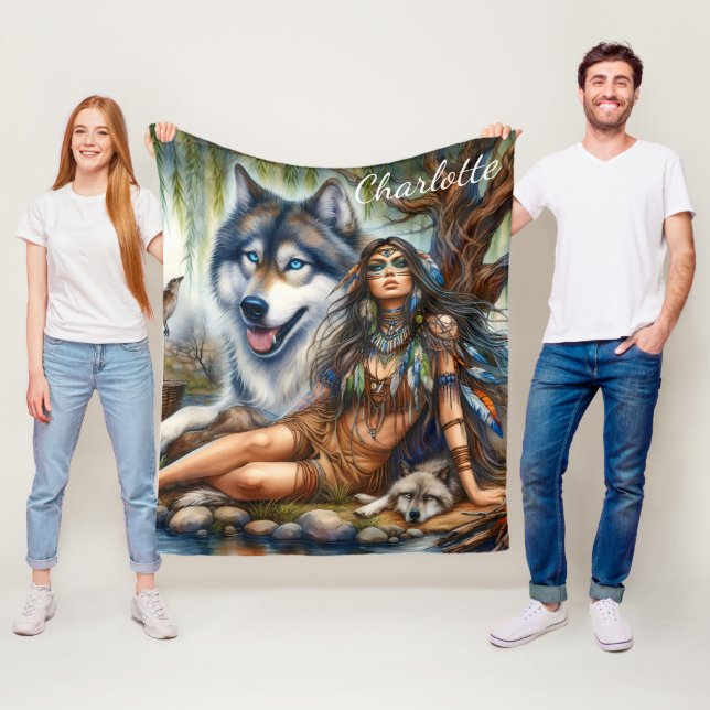 Couverture Polaire Femme autochtone avec ses compagnons de loup (En situation)