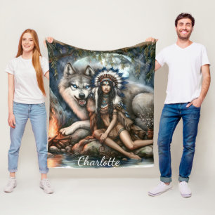 Couverture Polaire Femme indienne et loup dans la forêt