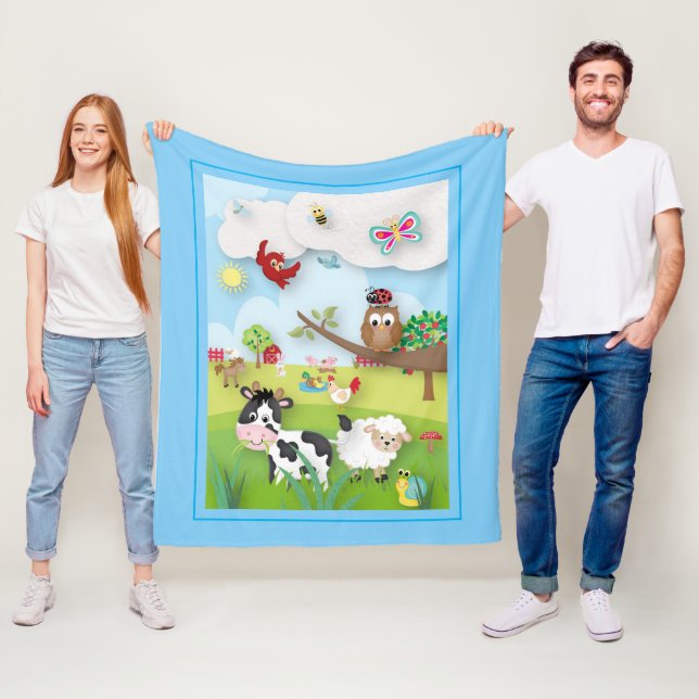 Couverture Polaire Ferme avec de mignons animaux scène sur le bleu (En situation)