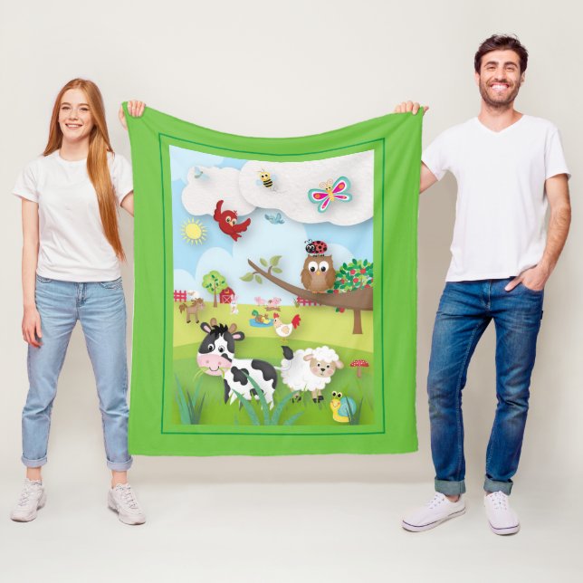Couverture Polaire Ferme avec de mignons animaux Scène sur vert (En situation)