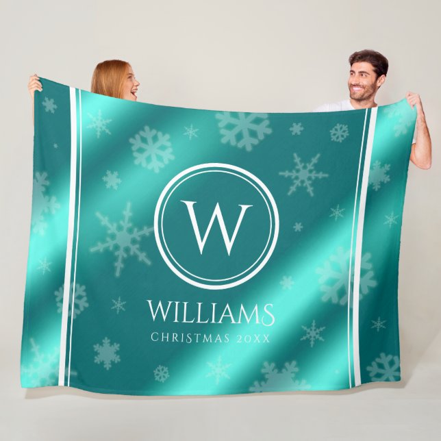 Couverture Polaire Festif Blue Foil Snowflakes Monogramme Nom (En situation)