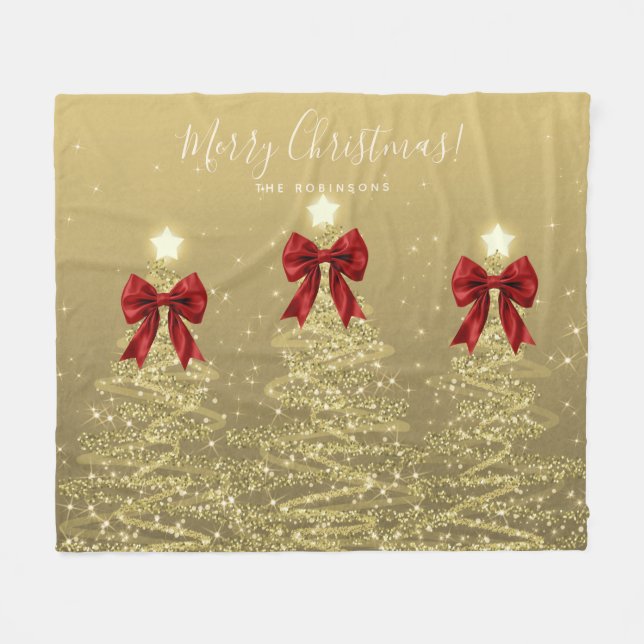 Couverture Polaire Festive Holiday Gold Christmas Trees w/ Red Bows (Devant (Horizontal))