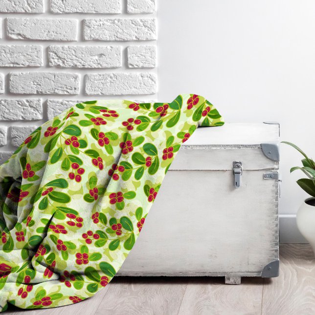 Couverture Polaire Festive Motif de fruits de canneberge, vert (Festive Cranberry Pattern Fleece Blanket)
