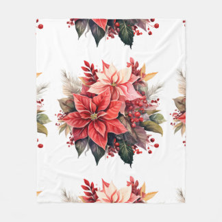 Couverture Polaire Festive Rouge Poinsettia Fleurs de Noël