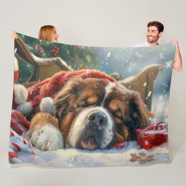 Couverture Polaire Fête de Noël du chien Mastiff Tibétain (En situation)