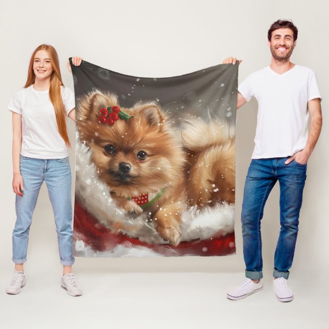 Couverture Polaire Fête de Noël du chien Poméranien (En situation)