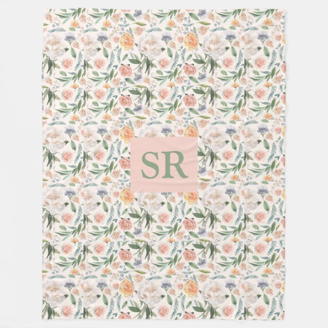 Couverture Polaire Fête des mères Monogramme Aquarelle Florale Botani (Devant)