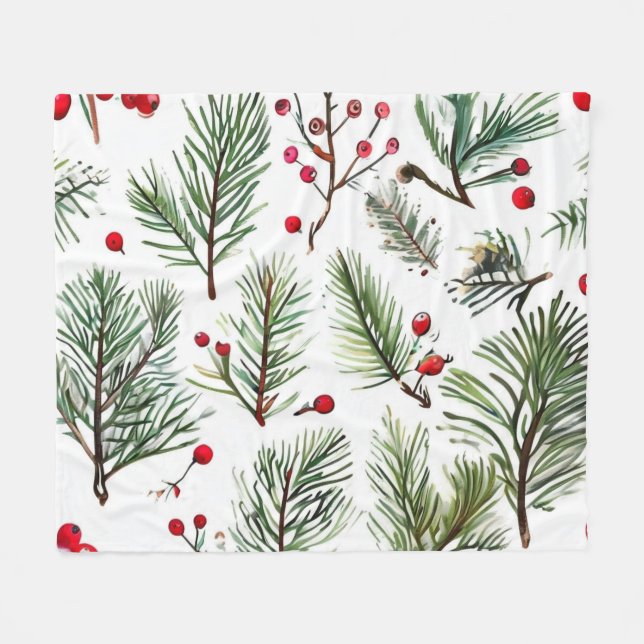 Couverture Polaire Fêtes Red Berries & Pine Botanique Design (Devant (Horizontal))