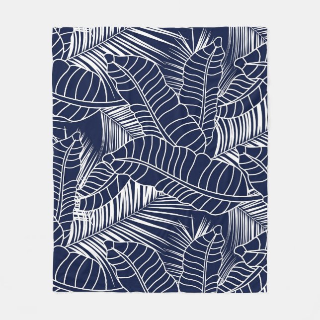 Couverture Polaire Feuille tropicale, arrière - plan bleu marine (Devant)