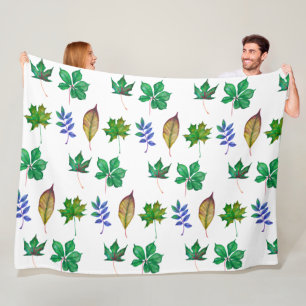 Couverture Polaire Feuilles d'aquarelle vert et bleu