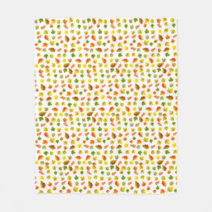 Couverture Polaire Feuilles d'automne dorées, vertes, orange sur blan