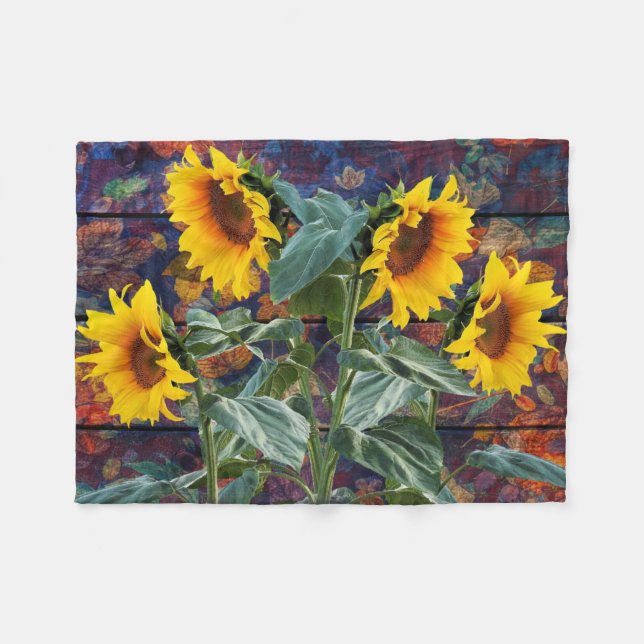 Couverture Polaire Feuilles d'automne rustiques et tournesols (Devant (Horizontal))