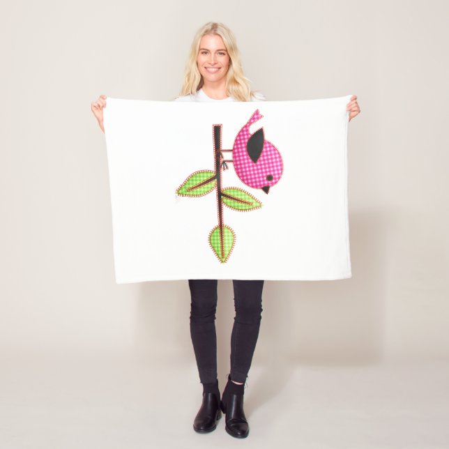 Couverture Polaire Feuilles de broderie d'oiseaux En vichy roses (En situation)