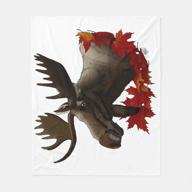 Couverture Polaire Feuilles de Érable Rouge avec un Orignal (Devant)