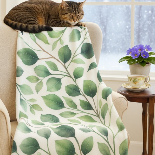 Couverture Polaire Feuilles de eucalyptus vertes et cosy (Cozy up with nature eucalyptus fleece blanket brings warmth and calm to snowy winter days.)