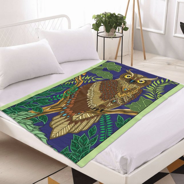 Couverture Polaire Feuilles de la forêt de Owl Green (Créateur téléchargé)