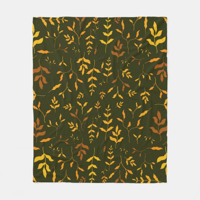 Couverture Polaire Feuilles dorées d'automne chaud motif vert foncé (Devant)