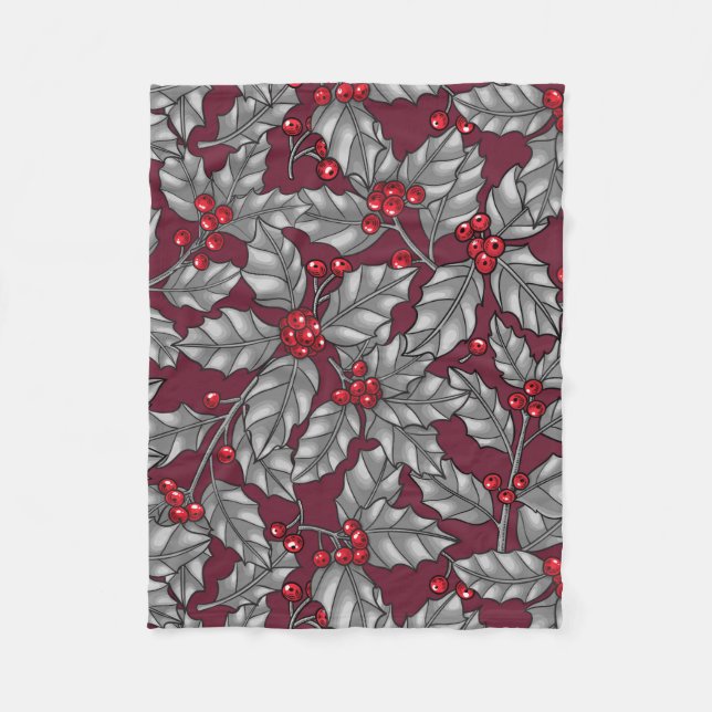 Couverture Polaire Feuilles gris sur rouge foncé (Devant)