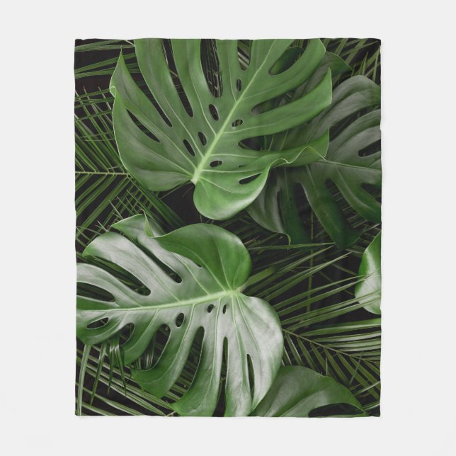 Couverture Polaire Feuilles Monstera, aménagement tropical de luxe. (Devant)