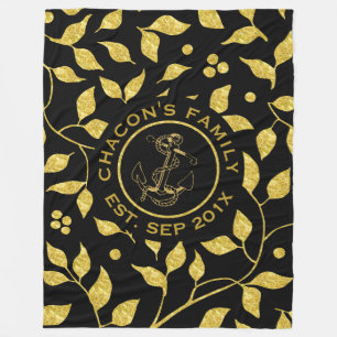 Couverture Polaire Feuilles Noir & Or Motif sans couture
