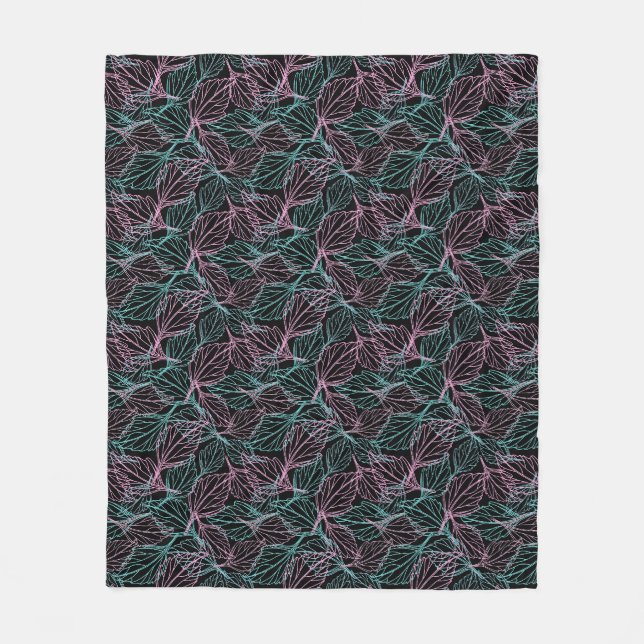 Couverture Polaire Feuilles stylisées rose et turquoise sur fond noir (Devant)