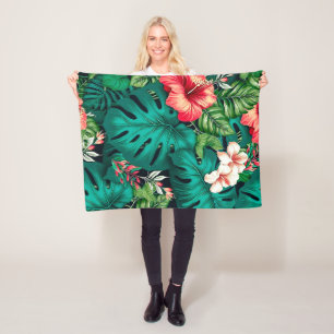 Couverture Polaire Feuilles tropicales élégantes et fleurs d'Hibiscus