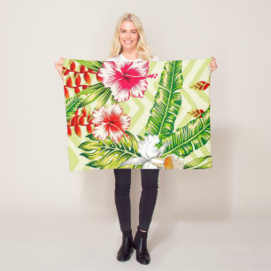 Couverture Polaire Feuilles tropicales élégantes et fleurs d'hibiscus