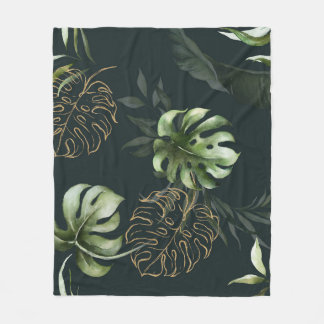 Couverture Polaire Feuilles Tropicaux en or : Aquarelle foncée