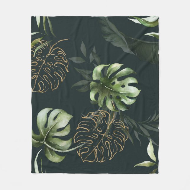 Couverture Polaire Feuilles Tropicaux en or : Aquarelle foncée (Devant)