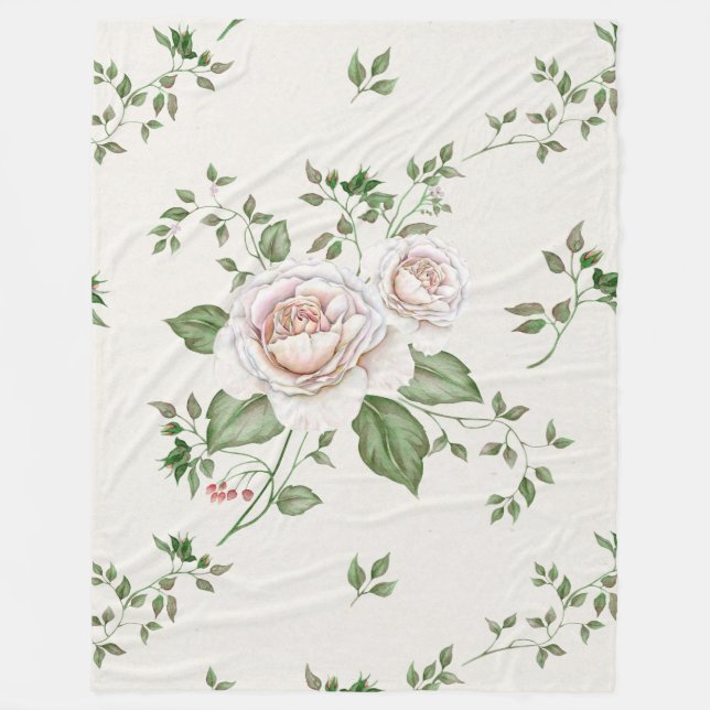 Couverture Polaire Feuilles vertes de Roses blanches (Devant)
