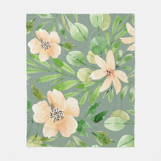 Couverture Polaire Feuilles verts, Fleurs roses : Aquarelle. (Devant)