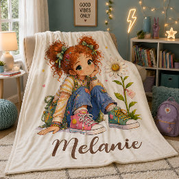 Couverture Polaire Fille aux cheveux roux personnalisée Nom