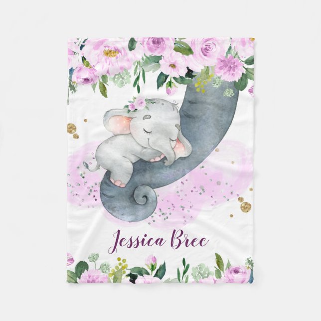 Couverture Polaire Fille Bébé Eléphant Avec Fleurs Roses Douces (Devant)