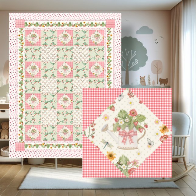 Couverture Polaire Fille Bébé Floral Gingham Fraises d'Été (Créateur téléchargé)