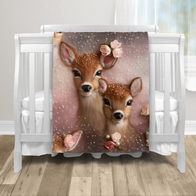 Couverture Polaire Fille Cerf Floral Perle (Adorable doe and fawn deer baby blanket. )