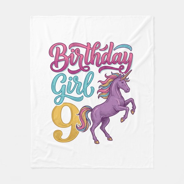 Couverture Polaire Fille d'anniversaire 9 Licorne Dessin de gravure v (Devant)
