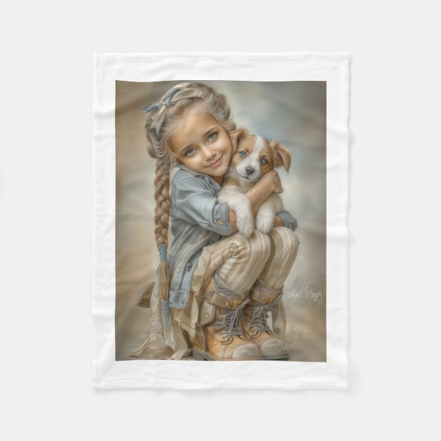Couverture Polaire Fille Enlaçant Le Plaid De Chien (Devant)
