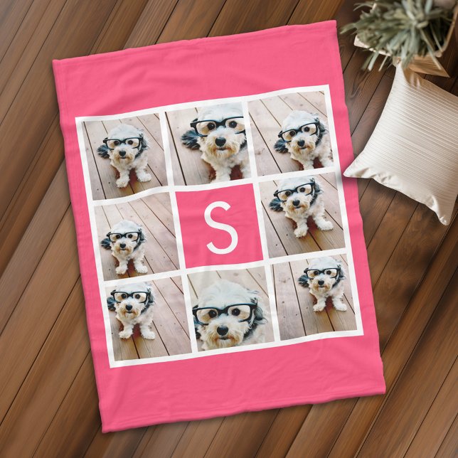 Couverture Polaire Fille Hot Rose 8 Photo Collage Blanc Monogramme (Personalized fleece blanket with 8 photos and a monogram)