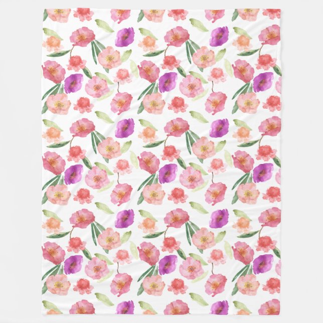 Couverture Polaire Fille Peach rose violet aquarelle Florale (Devant)