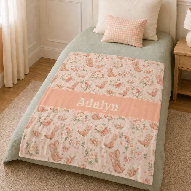 Couverture Polaire Fille Peach Western Coquette Shabby Chic Monogramm (Créateur téléchargé)