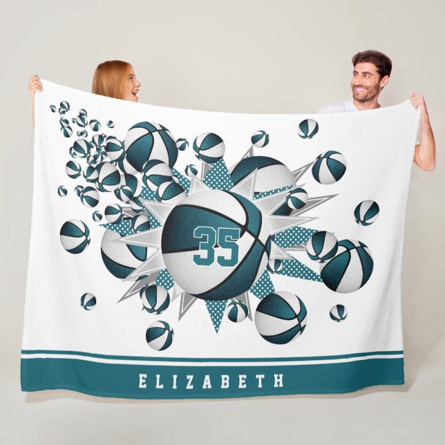 Couverture Polaire filles basketballs étoiles turquoise blanc personn (En situation)